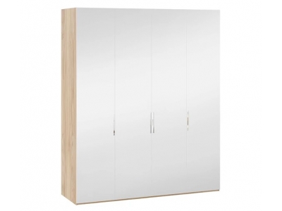 Шкаф комбинированный Эмбер с 4 зеркальными дверями Яблоня Беллуно, Белый глянец